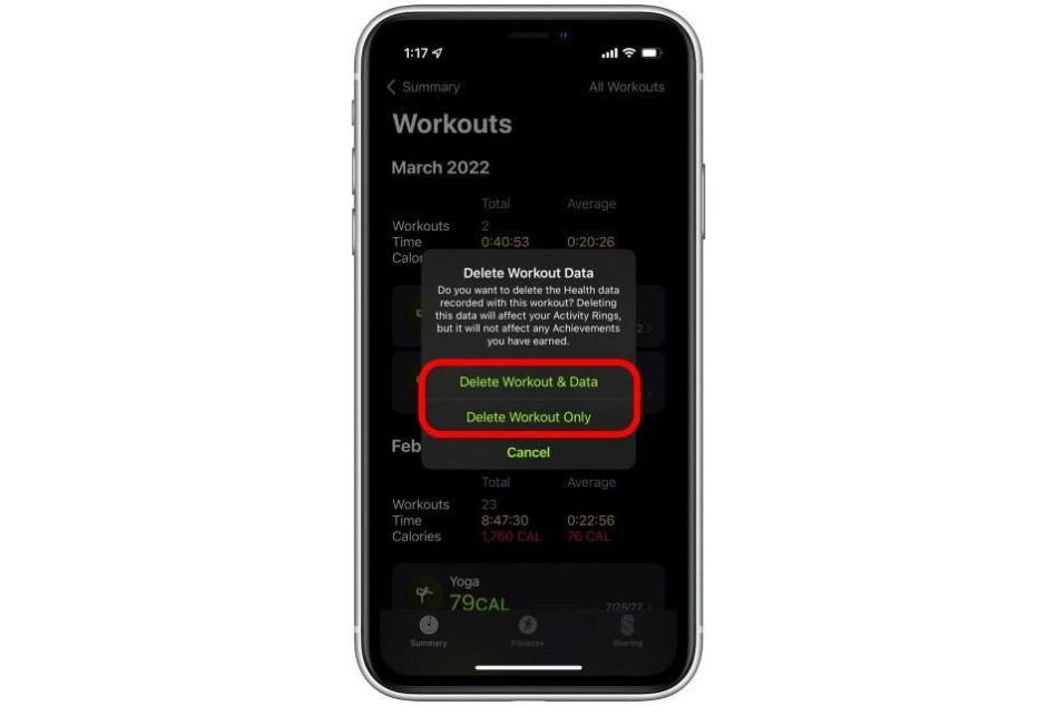 delete workout in apple watch