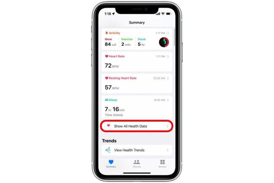 tap show all health data in iphone